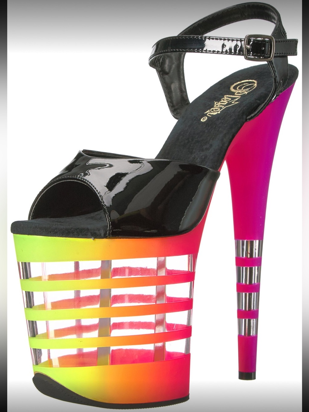 Pleaser Black Patent Platform Sandal with Neon Gradient Wedge Heel 8 inches